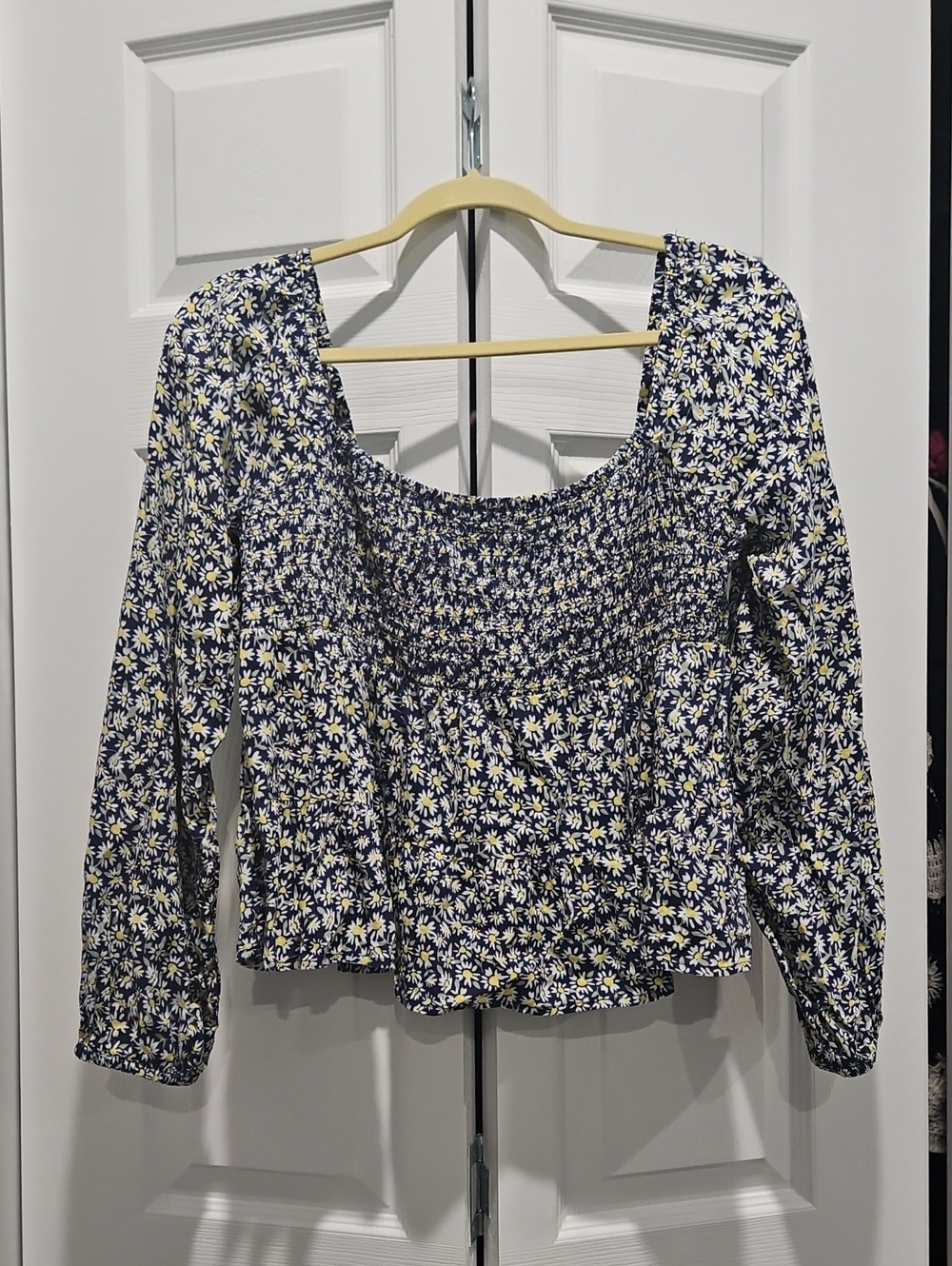 Planet Gold Navy Floral Smocked Long-Sleeve Top